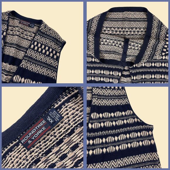 Vintage 90s blue sweater vest by Roundtree & Yorke, size XXL striped vest - Picture 3 of 8